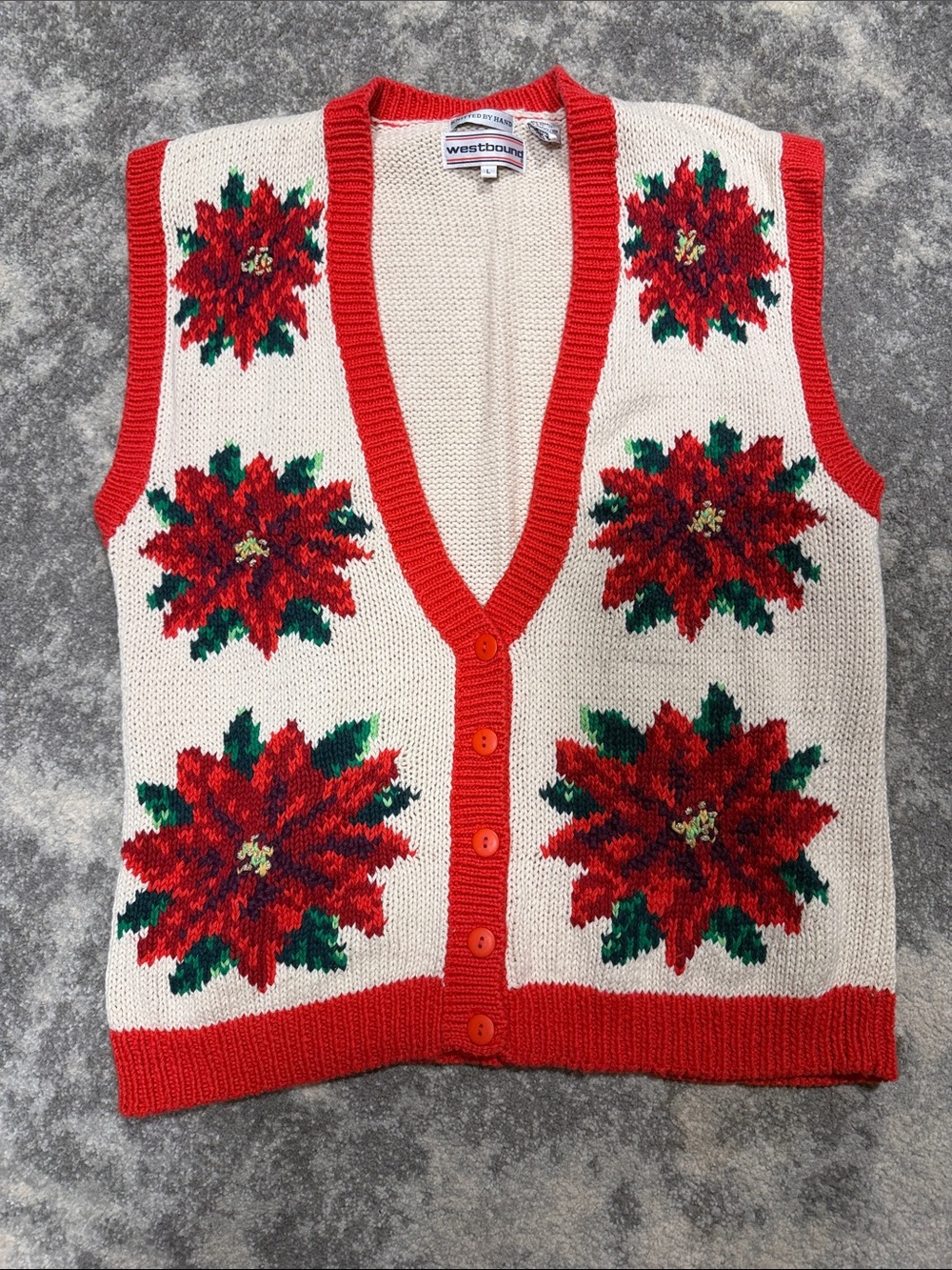 Westbound Cream Vest with Red & Green Poinsettia Motifs
